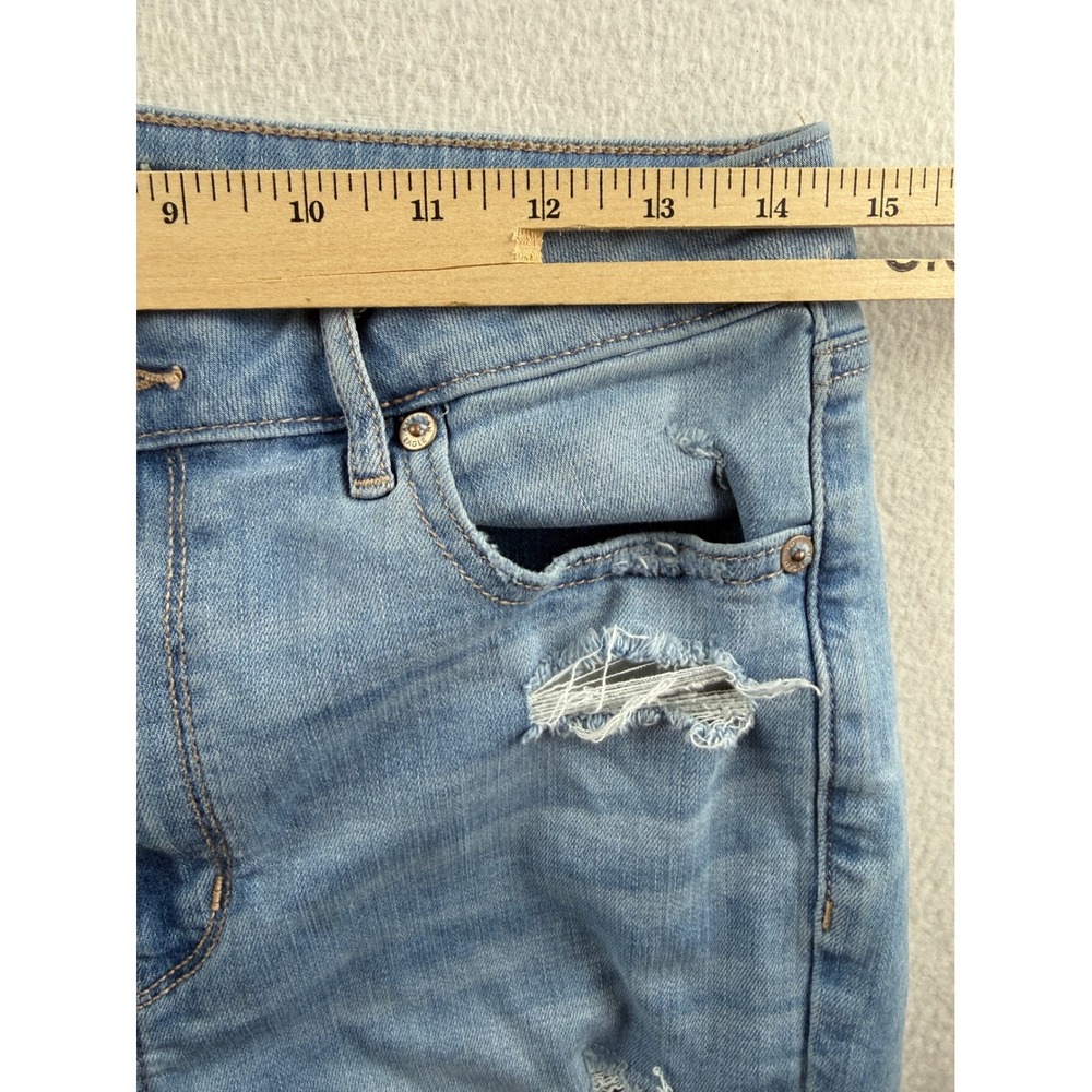 American Eagle Super Hi-Rise Flare Jeans Womens 10 Light Wash Distressed Raw Hem - Picture 9 of 10